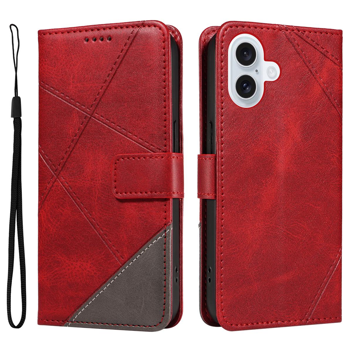 

For iPhone 17 Leather Case Geometric Line Design Wallet Phone Cover with Wrist Strap Red