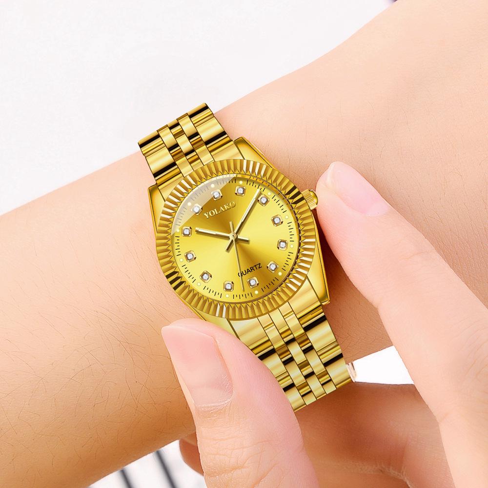 Orologi da Coppia Acciaio Inossidabile con Cinturino, Calendario, Viso con Strass Dorati: Moda Casuale Quarzo da Uomo e da Donna