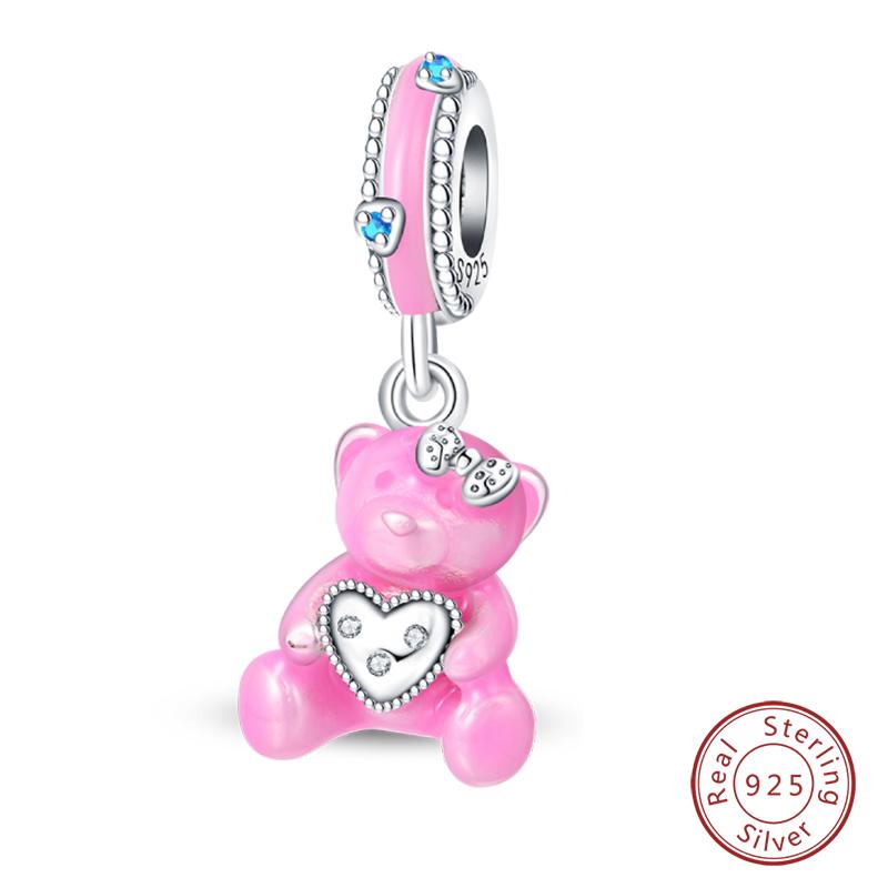 Copper Pink Love Series Charm Love Cube Little Bear Luminous Pendant Fit Original Bracelet Romantic Wedding Jewelry