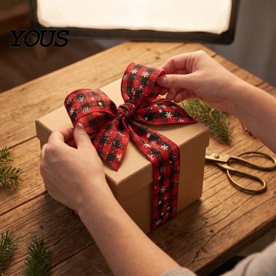 Snowman Pattern Fabric Ribbon 1 Roll Christmas Burlap Ribbon, Faux Linen Wired with Rustic Plaid Truck Floral Print, Gift Wrapping Craft