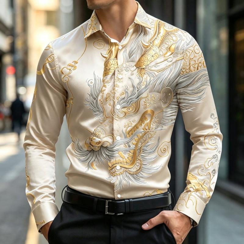 New Men's Long Sleeve Shirt Traditional Art 3D Printing Business Office Nightclub Wedding Casual Single breasted Men's Top
