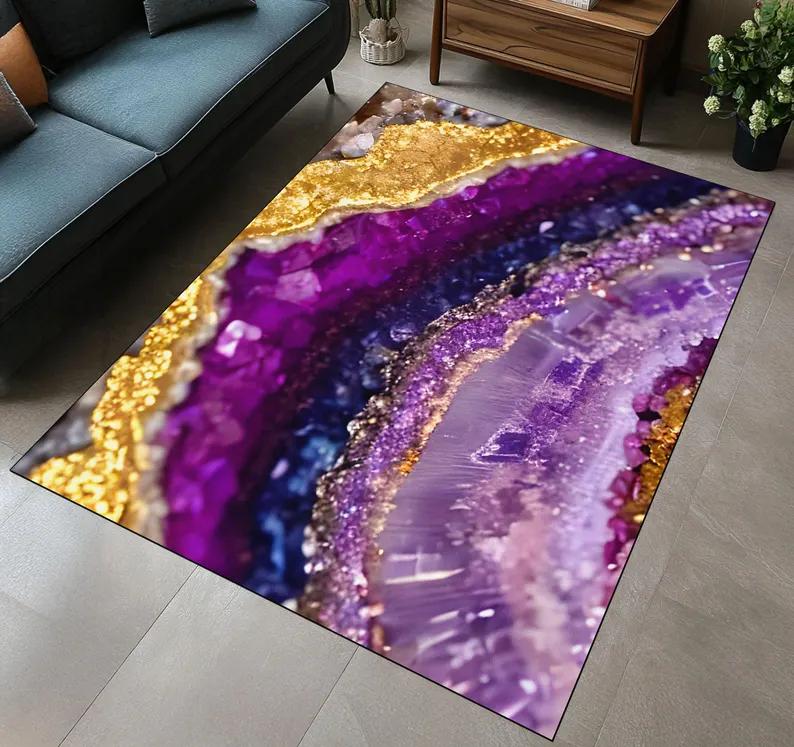 Amethyst Gold Carpet Turquoise Amethyst Marble Pattern Carpet Blue Purple White Marble Series Carpet Home Decoration