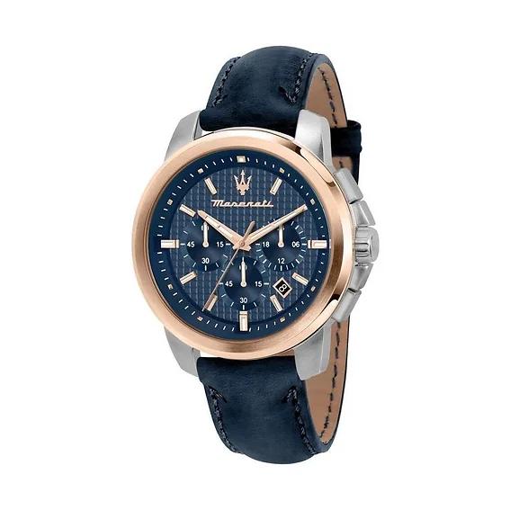 Мужские часы Maserati Successo Chronograph с кожаным ремешком, синим циферблатом, кварцевые R8871621015 синий
