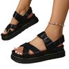 Fashion Fashionable Thick Heel Sandals Women's Large Size Cross Buckle Roman Style Pure Color Round Head Shoes Rubber Bottom Polyurethan