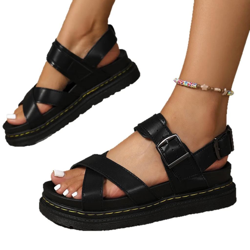 Fashion Fashionable Thick Heel Sandals Women's Large Size Cross Buckle Roman Style Pure Color Round Head Shoes Rubber Bottom Polyurethan