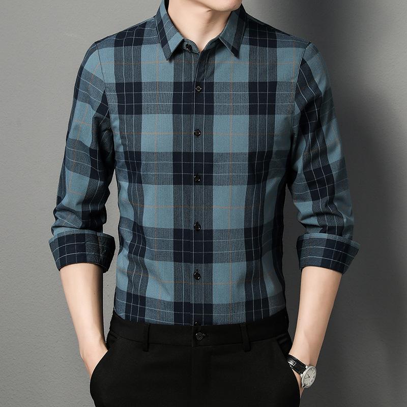 Spring New Plaid Shirt Men's Long-Sleeved Shirt Spring Clothing for Middle-Aged Dad Thin Lapels Casual Men's Clothing