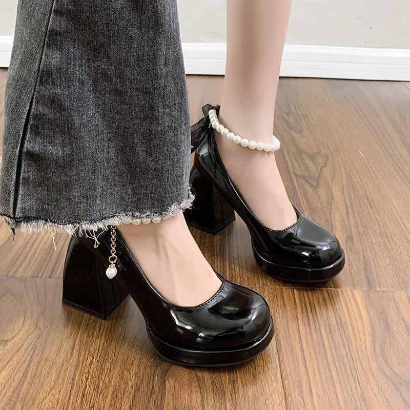 2025 Perlen Mary Janes Französische Nische Dicke Ferse Einzelne Schuhe Damen Schleife Hoher Absatz Damenschuhe Ein-Knopf-Schuhe