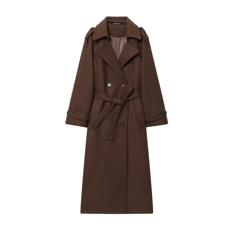 Womens Winter Wool Blend Double-Breasted Trench Coat Longline Classic British Style Streetwear Outerwear