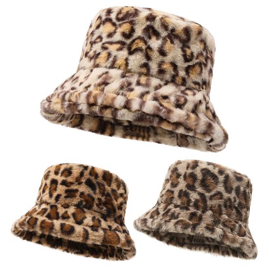 Dámská zimní čepice Plochá kupole Klobouk s leopardím potiskem Čepice umyvadlo zesílená teplá plyšová čepice kyblík Teplá pletená čepice