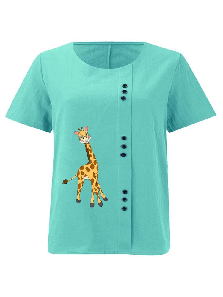 Women's Fashion Giraffe Print Shot Sleeve T-shirt Loose Cotton Shirt Casual Loose Summer Blouse Tops Plus Size