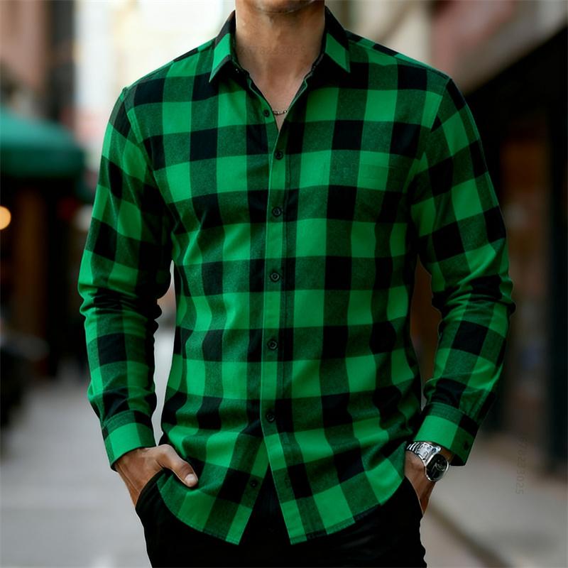 Men's Classic Red and Black Plaid Long-Sleeved Shirt, Available in Multiple Colors, Casual Retro Outdoor Casual Fashion Shirt