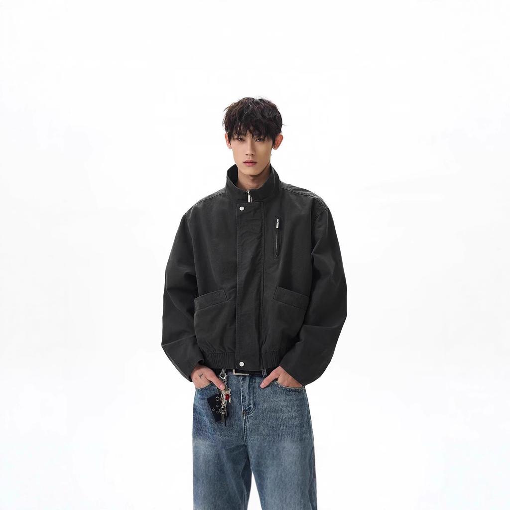 American retro bomber stand-up collar bomber jacket men and women spring and autumn boxy short barn style tooling jacket