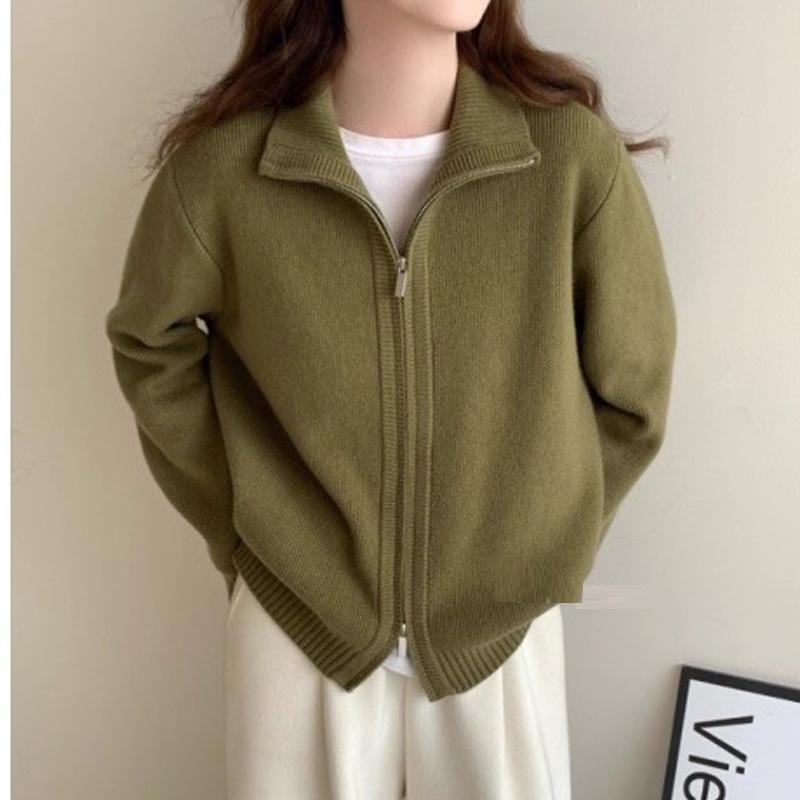 Modischer Strickmantel mit Stehkragen und Doppelreißverschluss für Damen, einfarbig, lässiger Strickcardigan im koreanischen Stil, Herbst Winter Pullover