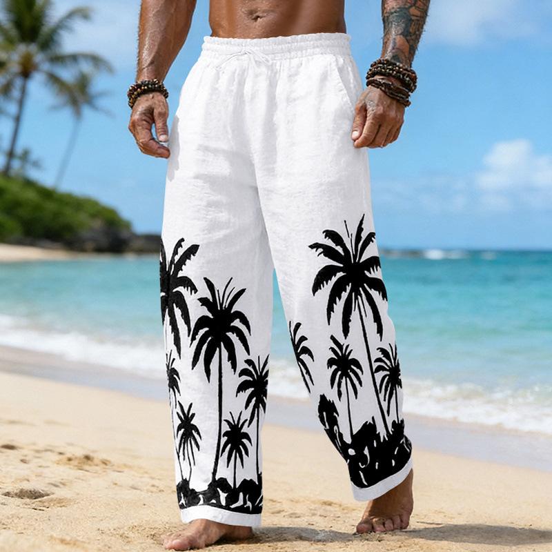 New Men’s All-season Loose-fit, Breathable Hawaiian-print Linen Casual Beach Trousers