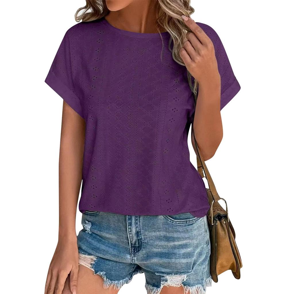 Women's Fashion Solid Color Round Neck Loose Short Sleeved Pullover T-shirt Top
