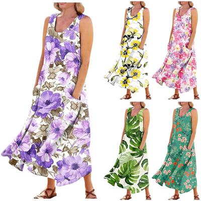 Women's Summer Casual Fashion Flower Printed Sleeveless Round Neck Pocket Dress