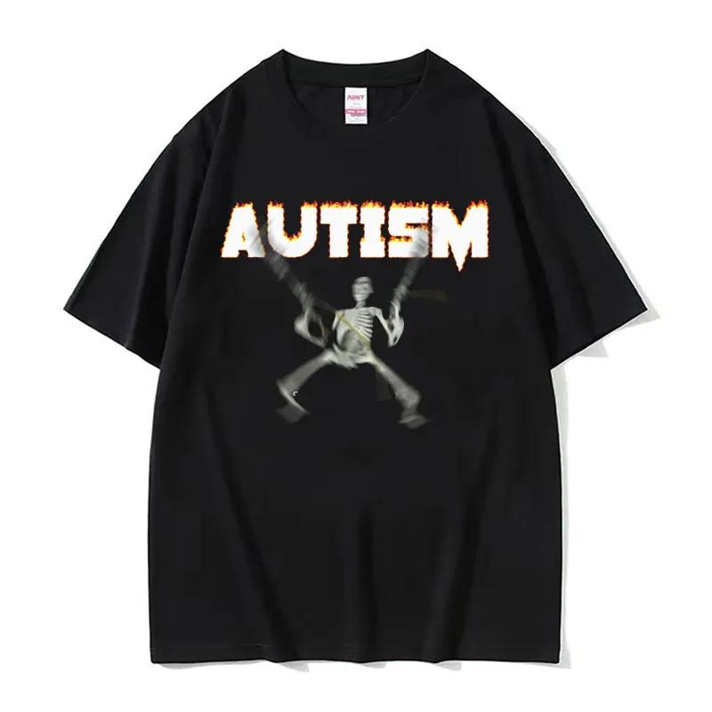 Maglietta da uomo divertente con scheletro e ventola per l'autismo, moda uomo, maglietta gotica retrò a maniche corte, adatta sia per uomini che per donne