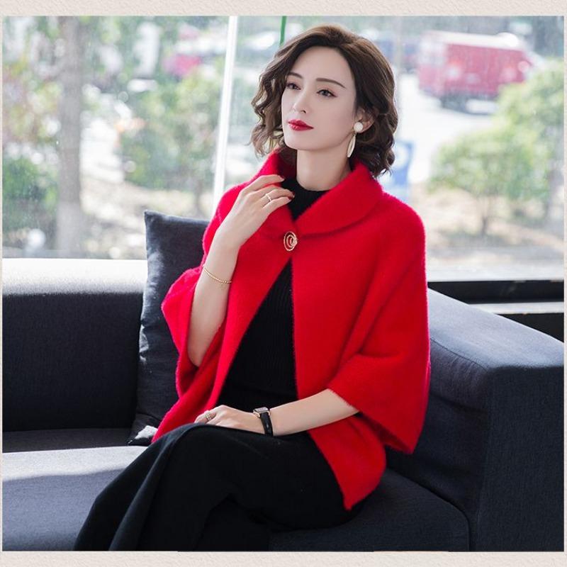 Autumn and winter warm little cloak fashionable and versatile cape jacket women's round neck embroidered top