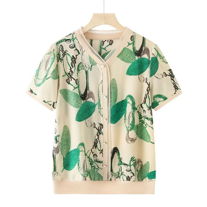 Fashion V-neck Short-sleeved T-shirt Women's Summer Printed Mother Wear Plus Size Middle-aged Blouse