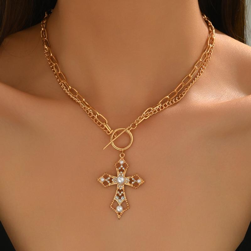 

Ожерелье с крестом Модная бижутерия Женское с бриллиантовым блеском Роскошные нишевые аксессуары Жемчужная подвеска Ювелирное ожерелье