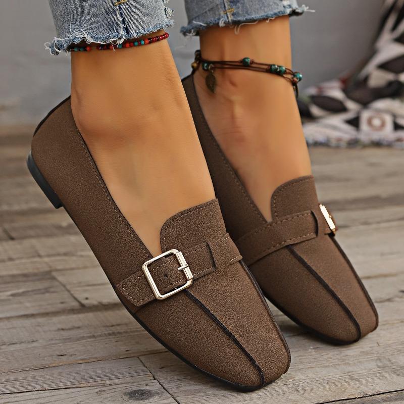 Fashion Square Toe Flat Single Shoes Women's New Suede Metal Buckle Soft Sole Anti-slip Wear-resistant Low-top Shoes
