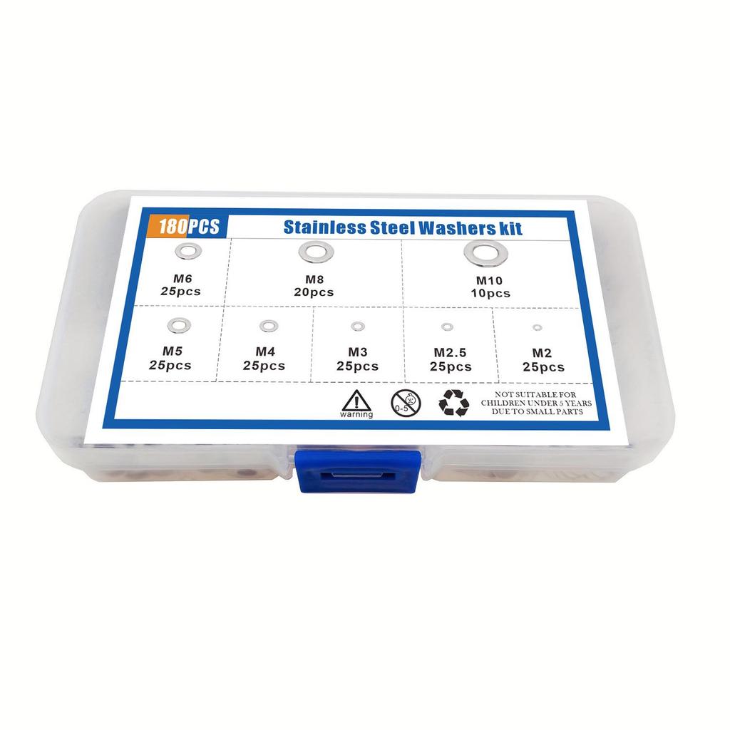 Stainless Steel 304 Flat Washer Set: 180/360/580 Pieces