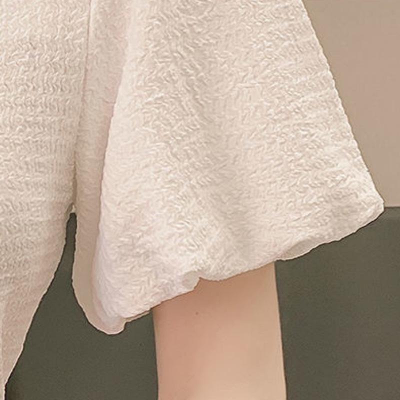 WTEMPO Brand Summer Women's Bubble Sleeve Square Collar Collar Shirt Slim High-waisted Short Top Pearl Decorated V-neck Short Sleeve Shirts