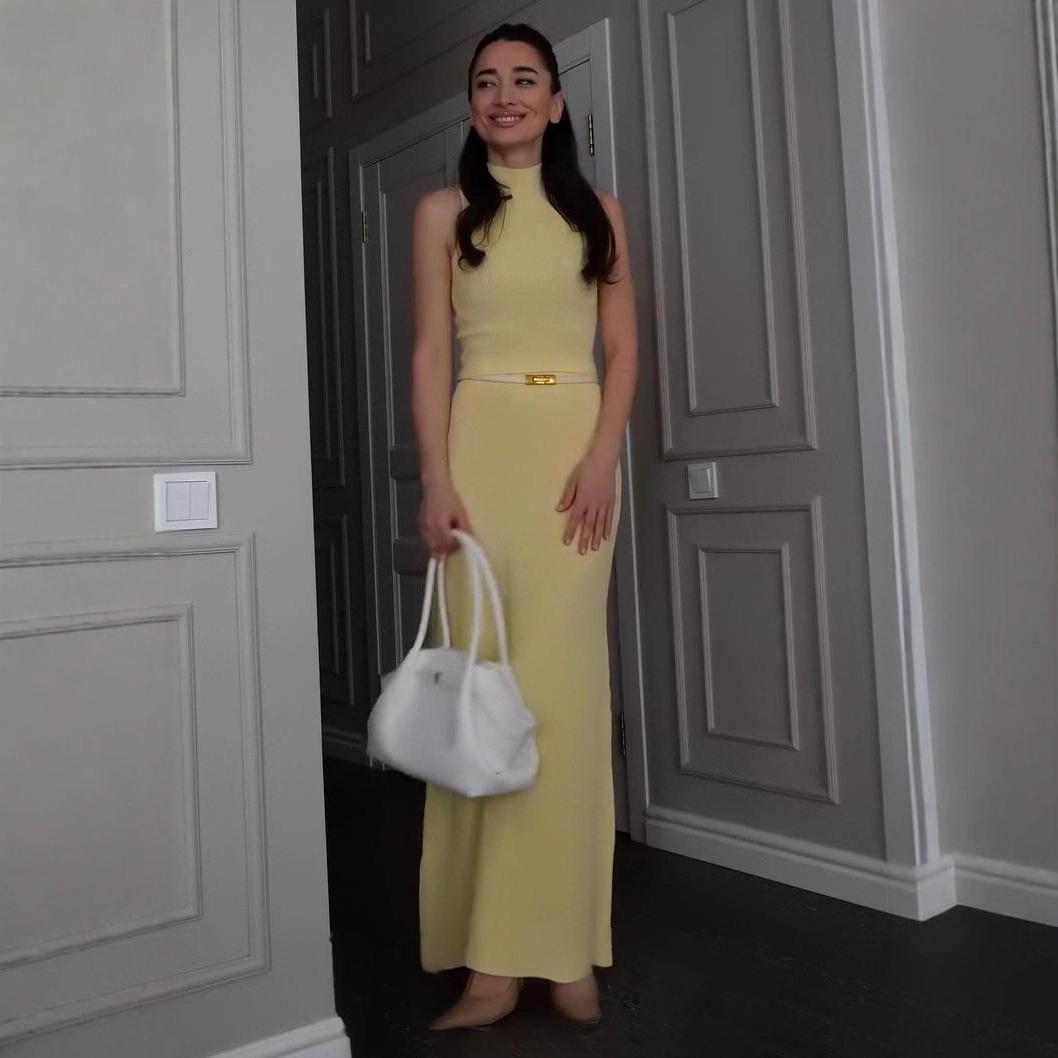 2025 Autumn Women s High Neck Sleeveless Knit Wool Bodycon Dress XS жёлтый