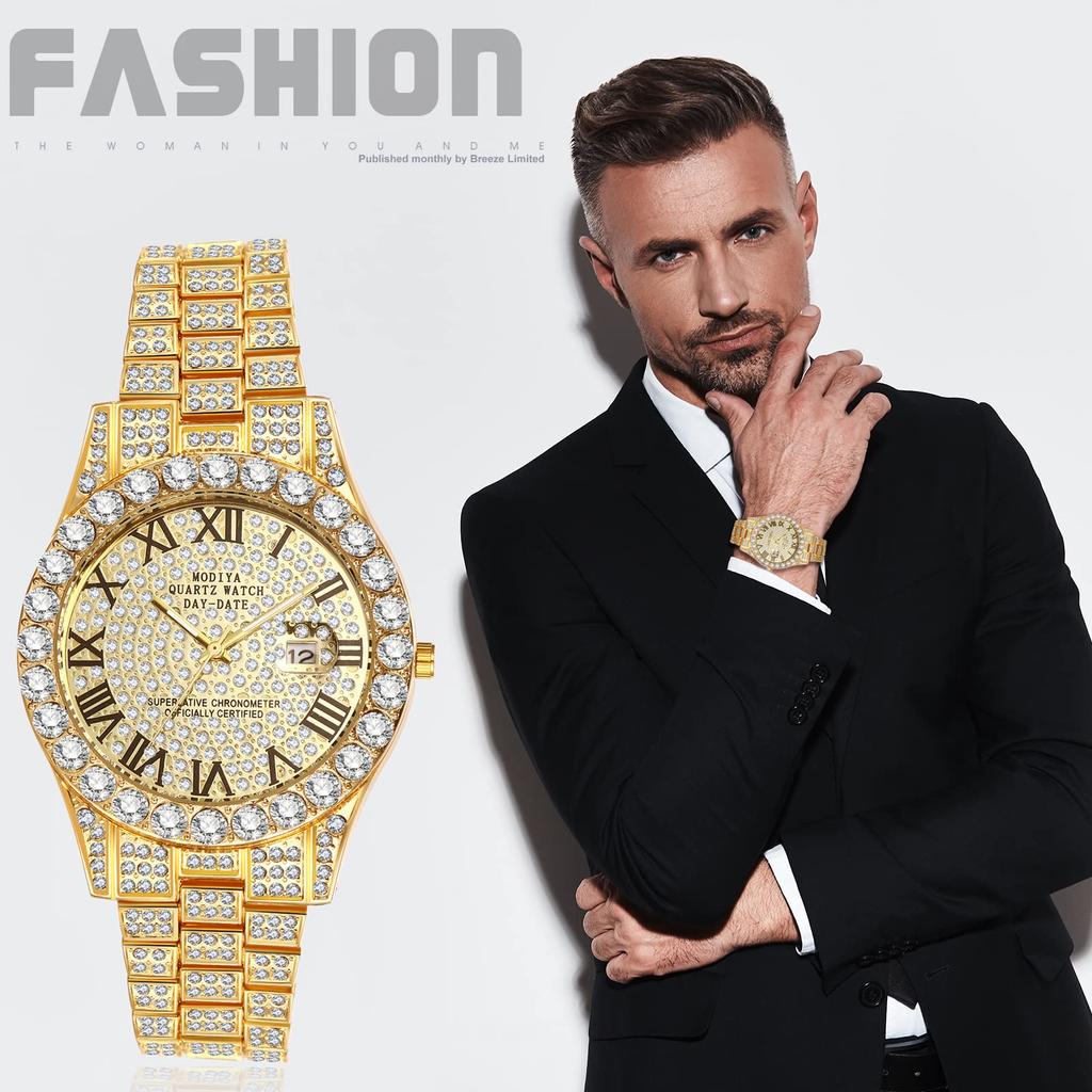 Men's Gold Analog Watch with Roman Numerals, Calendar, Waterproof, Sparkling, Casual, Business, Stainless Steel Band - Perfect for Father's Day, Valen