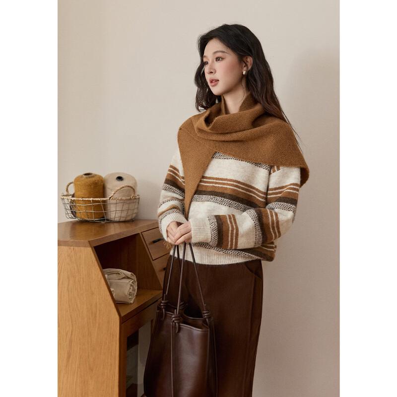Women's Retro Striped Wool Blend Knit Shawl Two-Piece Sweater Set