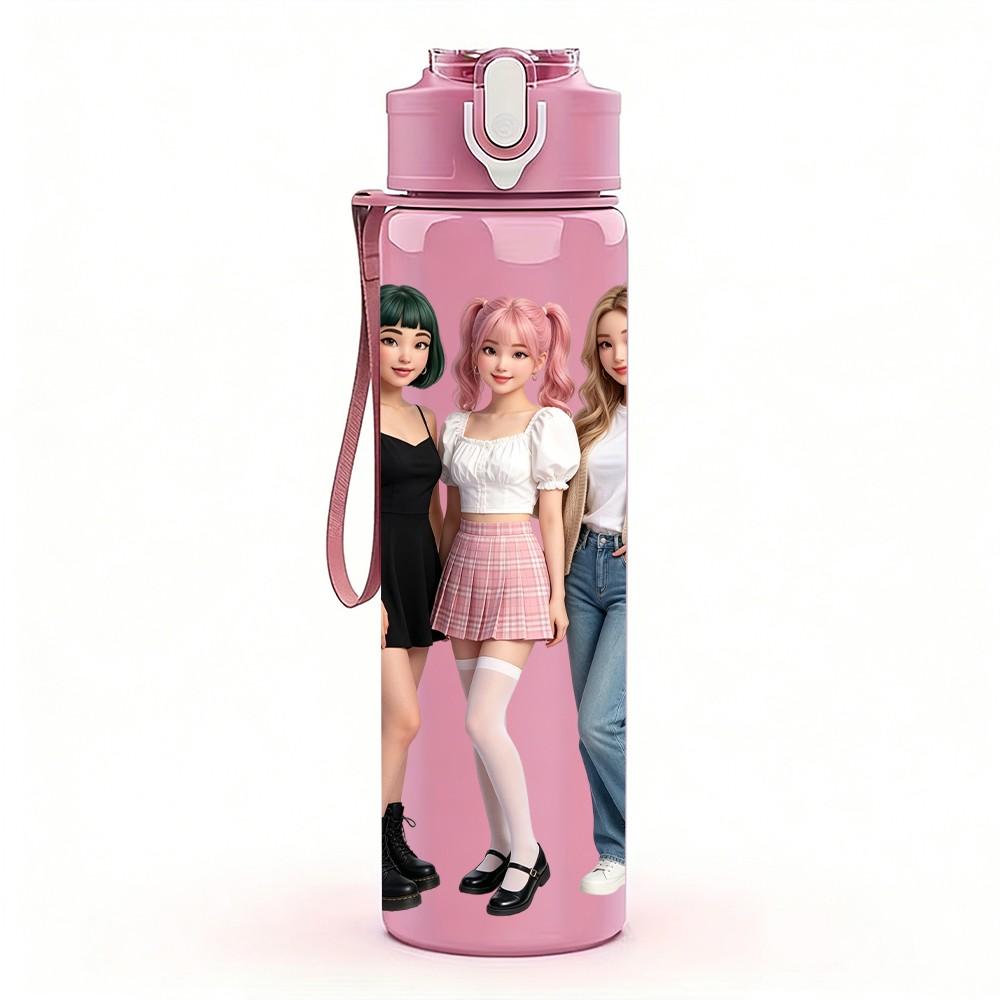 1PC Three Young Ladies Casual Group 750ml Color Plastic Sports Water Bottle Leakproof Flip Straw Lid Suitable for Sports Office Home Use
