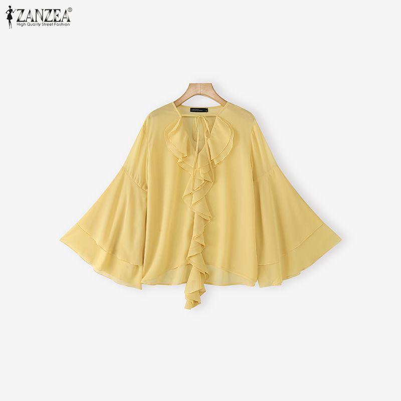 ZANZEA Blusa Elegante da Donna Casual con Scollo a V, Strati, Maniche a Svasatura, Semitrasparente, Larga