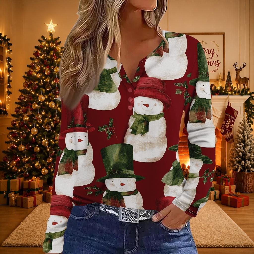 Women's Casual Christmas Print V-Neck Long Sleeve T-Shirt with Decorative Buttons
