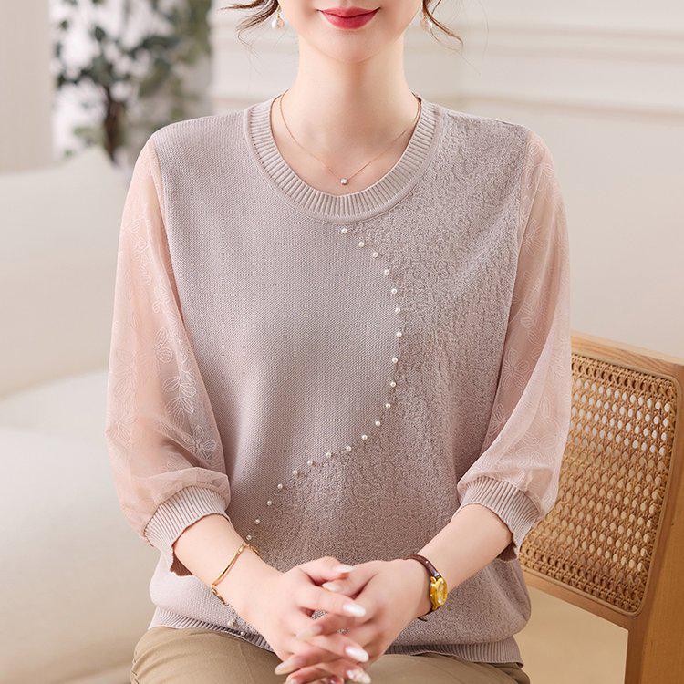 

Stylish Knit Chiffon Lace Sleeve Slimming Top for Mature Women 3XL (recommended 120-135 jin) бежевый
