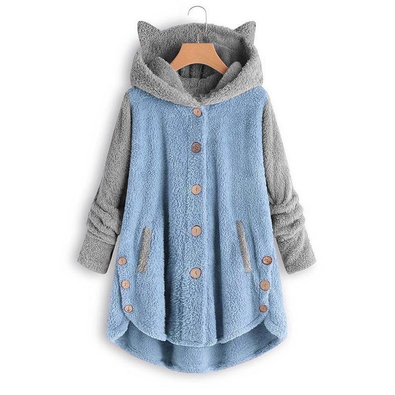 Autumn and Winter Button Hooded Cat's Ears (Steamed Cat-ear Shaped Bread) Plush Coat Irregular Color Matching Coat Women