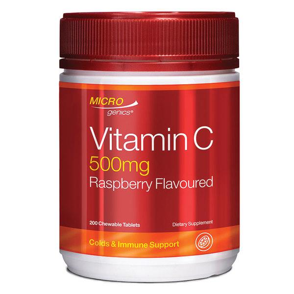 Microgenics Vitamin C 500mg Raspberry Flavoured 200 Tablets