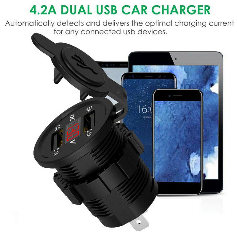 5V 2.1A Waterproof Dual Ports USB Charger Socket Adapter Power Outlet with Voltage Display Voltmeter for 12-24V Car Boat