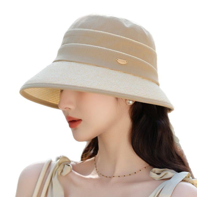 Sun Protection Hat Women'S High-End Sense Elegant Splicing Straw Bucket Hat Outdoor Sun Protection Cover Hat Lafite Straw Hat
