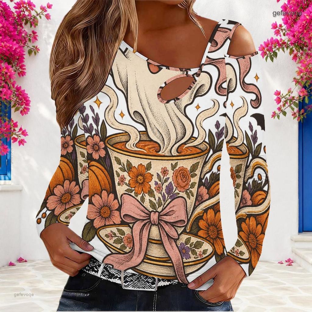 Women Plus Size Asymmetric Cutout Neck Cold Shoulder Long Sleeve Halloween Ghost Pumpkin Printed White Top