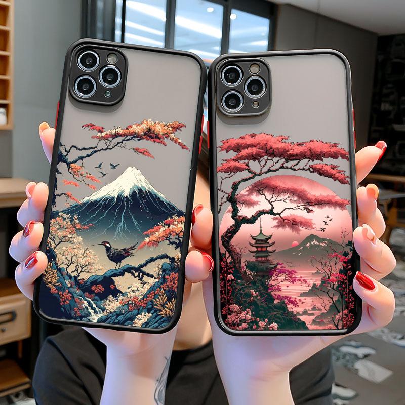 Japanese Aesthetic Mount Fuji Landscape Map Phone Case For iPhone 16 11 XR XS 13 12 14 15 Pro Max Mini SE2 7 8 Plus Shockproof