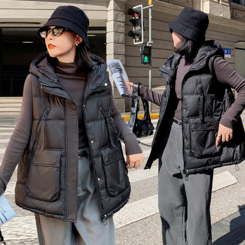 

European and Korean down cotton vest women s autumn and winter new medium and long outer wear loose large size 0kg versatile sleeveless hanger M чёрный