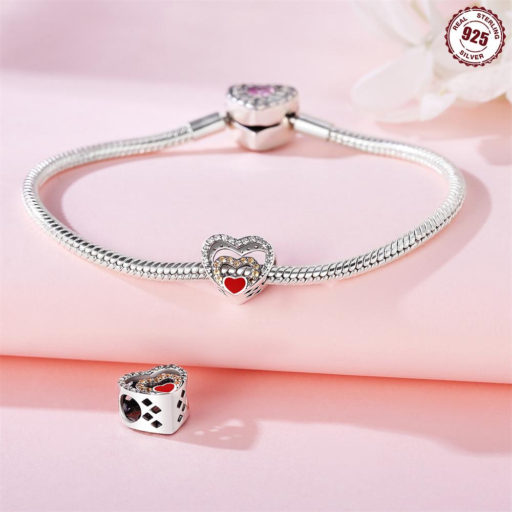 Beads Copper Charms Original Zircon Heart Hollow Beads Fit Bracelet Jewelry Diy Women Fine Gift Accessory