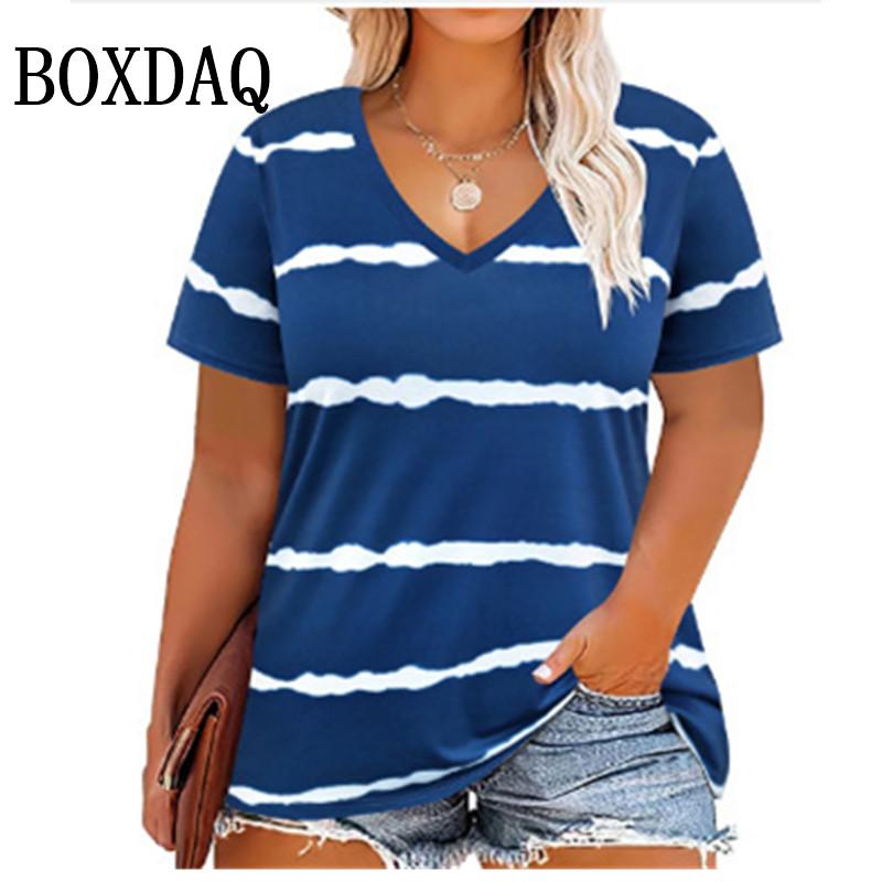 Summer Women Plus Size T Shirts Classic Black White Stripes V-Neck Short