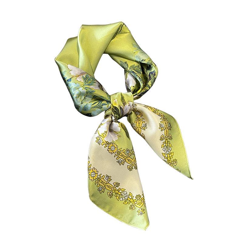 Women S Fresh Sweet Green Floral Silk Small Square Scarf For Spring Summer
