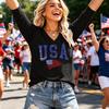 Women Casual V Neck Long Sleeve Top USA Letter Print Lightweight Loose Fit Pullover Shirt for Everyday Wear and Holiday Events