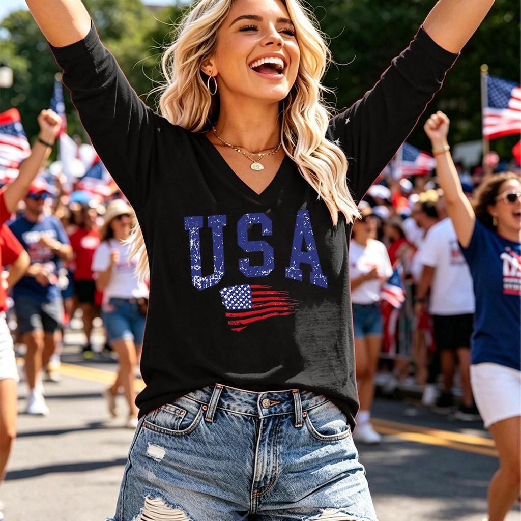 Women Casual V Neck Long Sleeve Top USA Letter Print Lightweight Loose Fit Pullover Shirt for Everyday Wear and Holiday Events