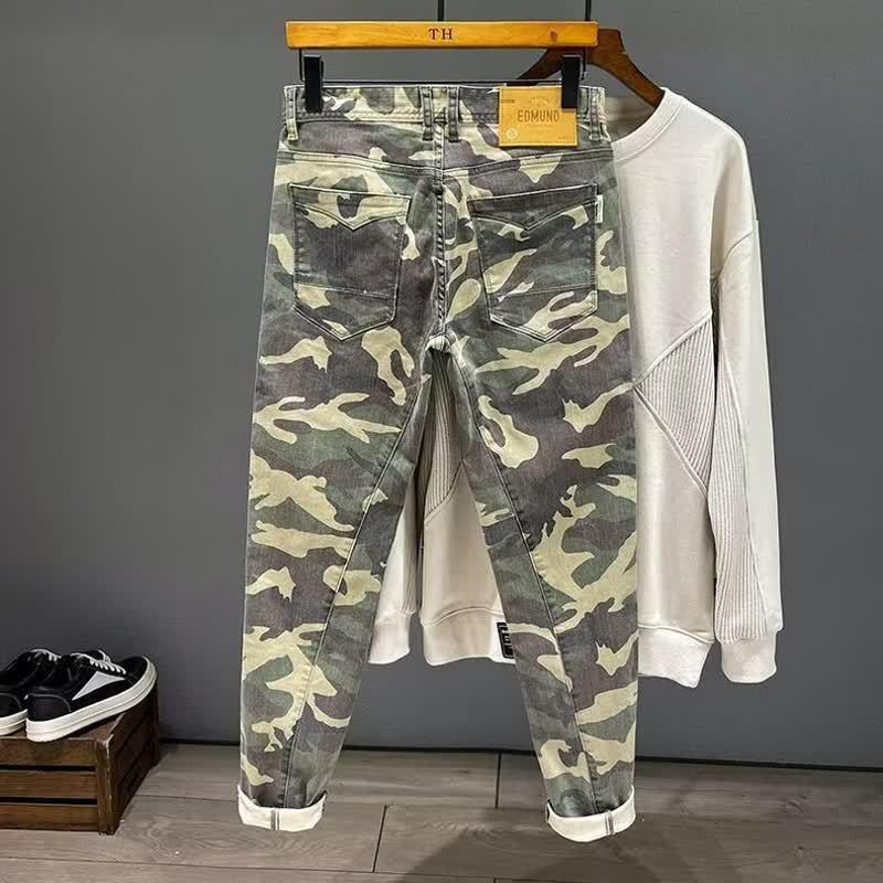 Mens Casual Straight Fit Camo Cargo Jeans With Color Block Detail Slightly Stretchy Cotton Blend Low Waist