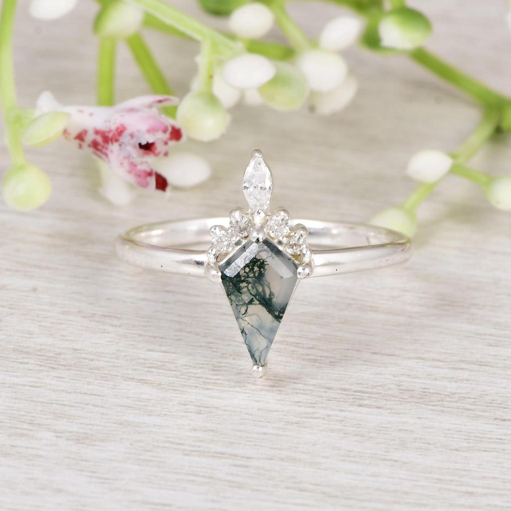 Vintage Moss Agate Promise Ring with CZ Halo | Nature Inspired Sterling Silver Ring | Moss Agate & Cubic Zirconia Engagement Ring