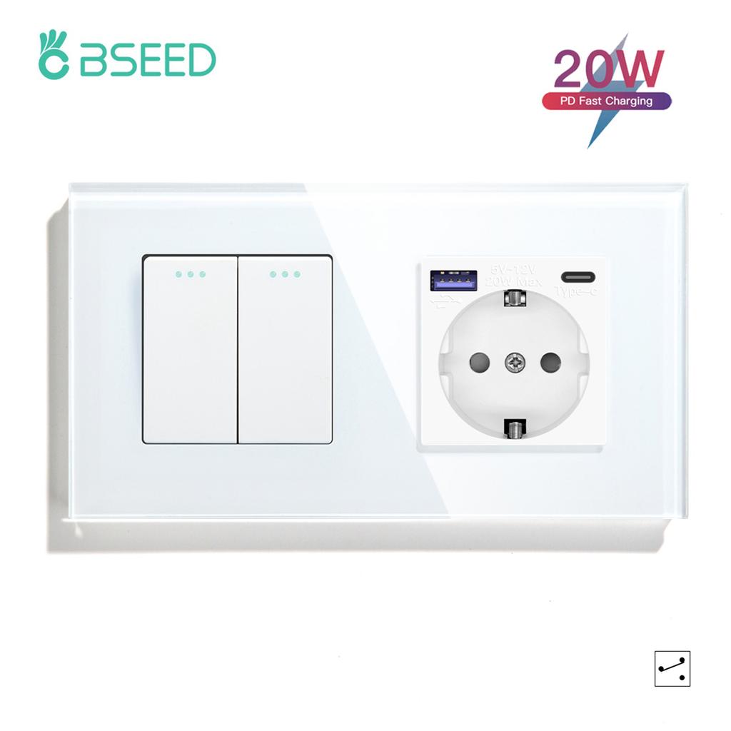 BSEED 1/2/3-fach Wandschalter 2-Wege Treppenlichtschalter Plus Typ-C USB-Steckdose EU-Standard Glaspanel