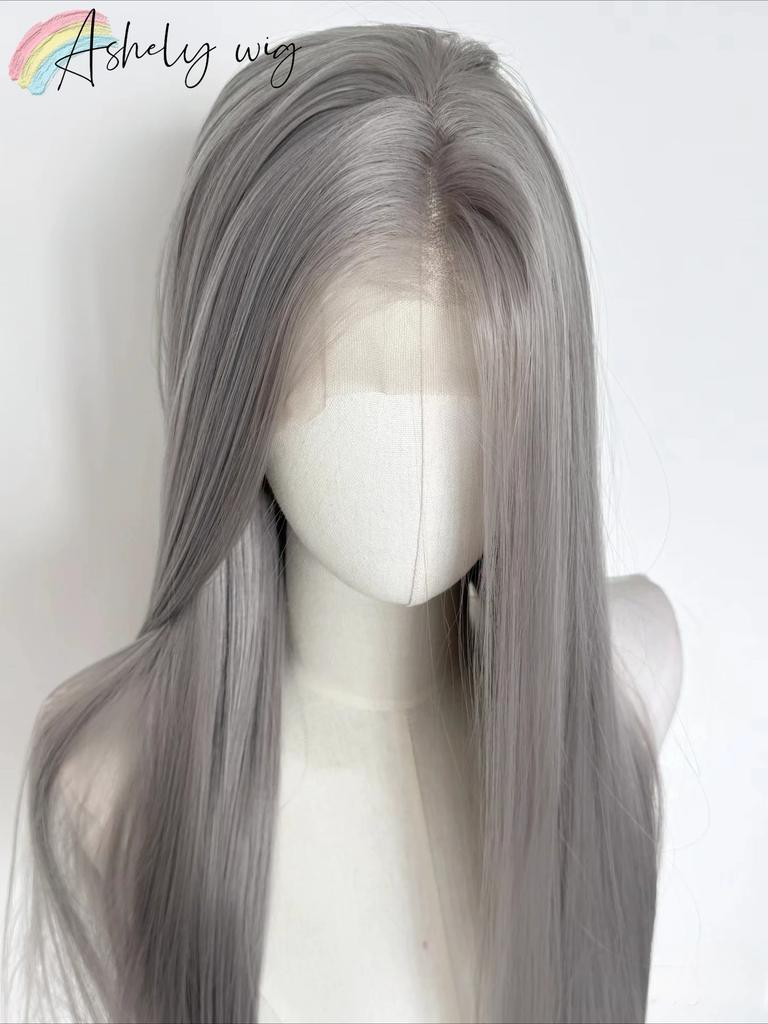 Gray Wig 26inch 13x4 Straight Lace Front Wig for Women High Quality Synthetic Wigs High Temperature Fibers Glueless Wigs Cosplay